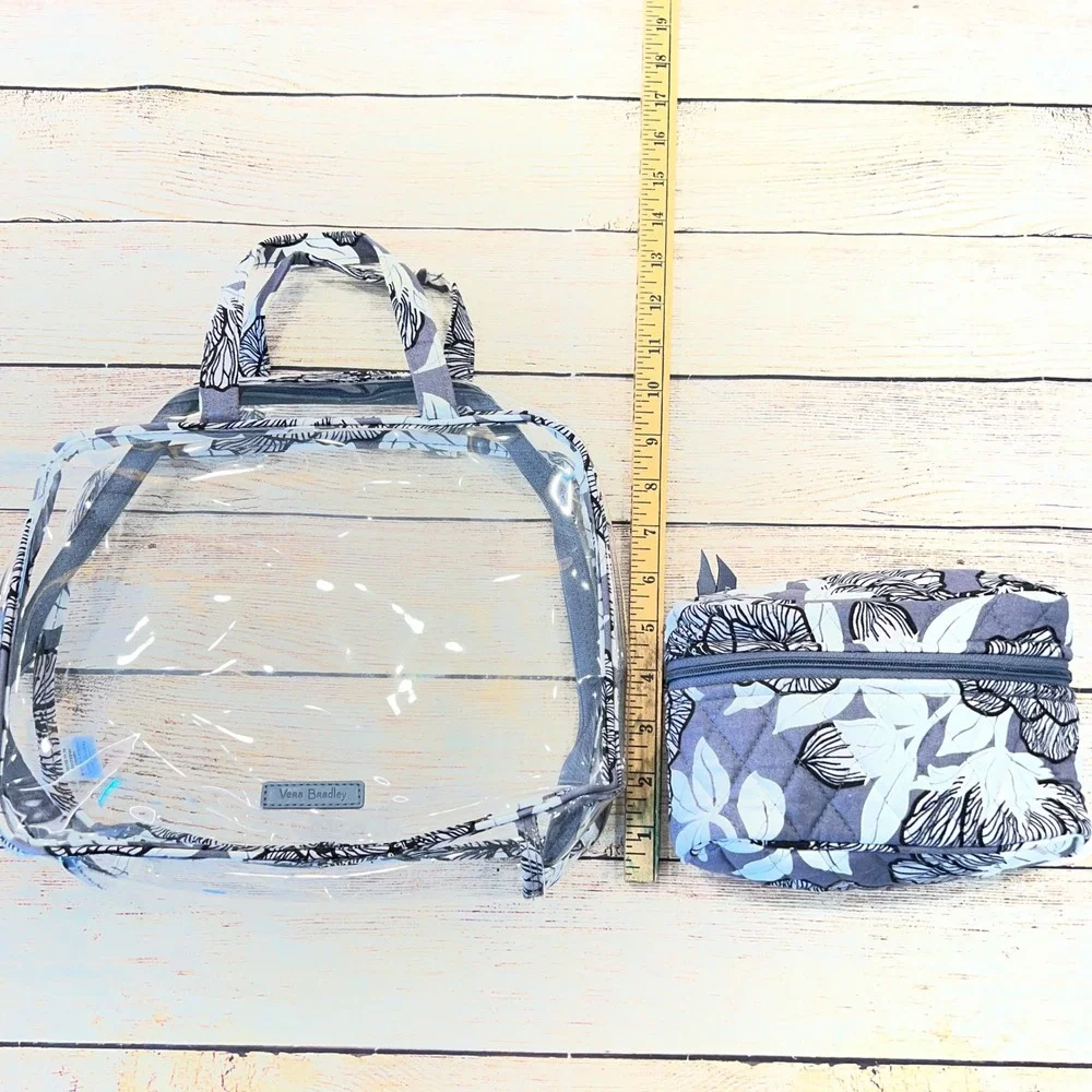 Vera Bradley Imperial Leaves Clear Travel Tote and Quilted Cosmetic Bag Set Gray
